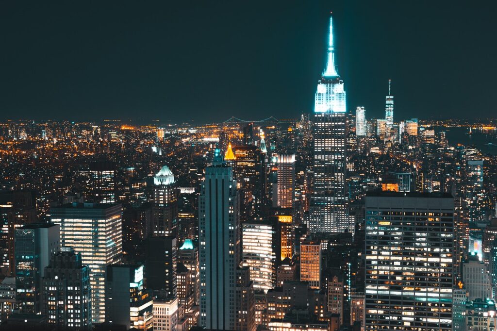 america, night sky, architecture, buildings, city, cityscape, evening, illuminated, lights, nature, manhattan, midtown, new york, new york city, nyc, night, outdoors, pinnacle, sky, skyline, skyscrapers, tower, travel, usa